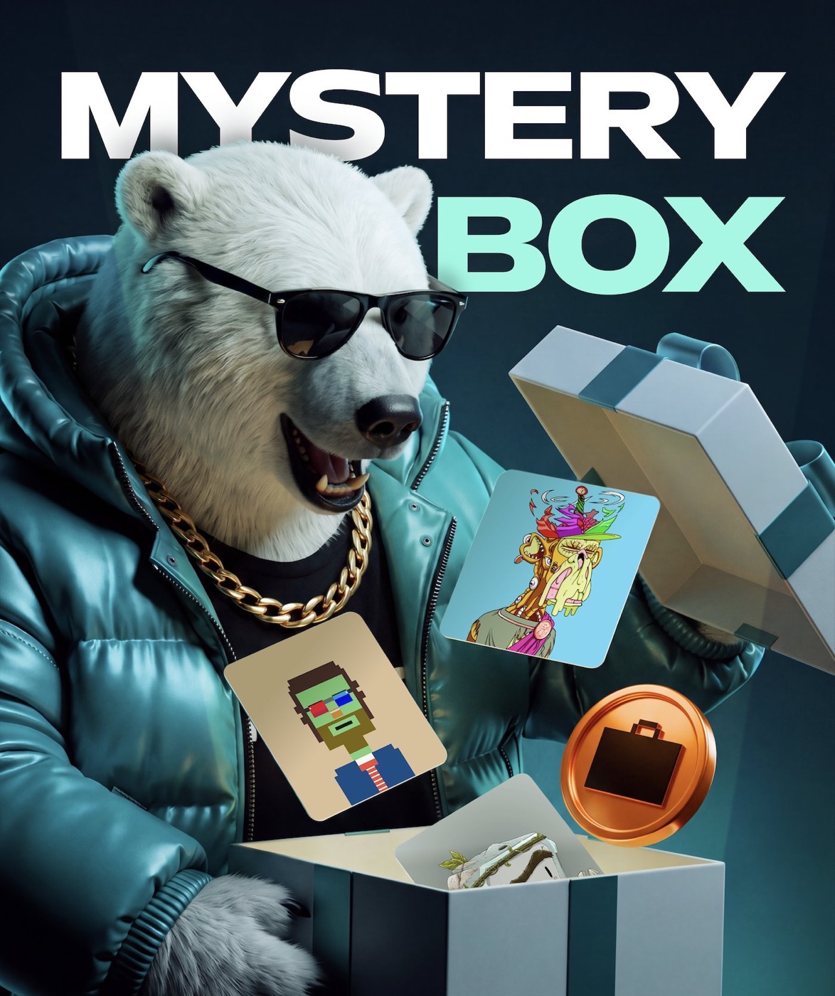 A polar bear in sunglasses opening a mystery box full of NFTs and tokens
